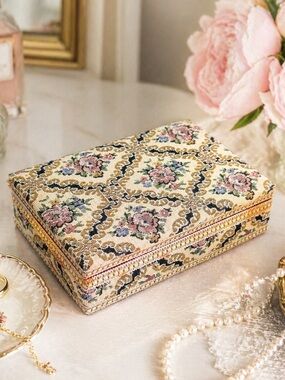 Vintage Cream and Pink Floral Needlepoint Jewelry Box
